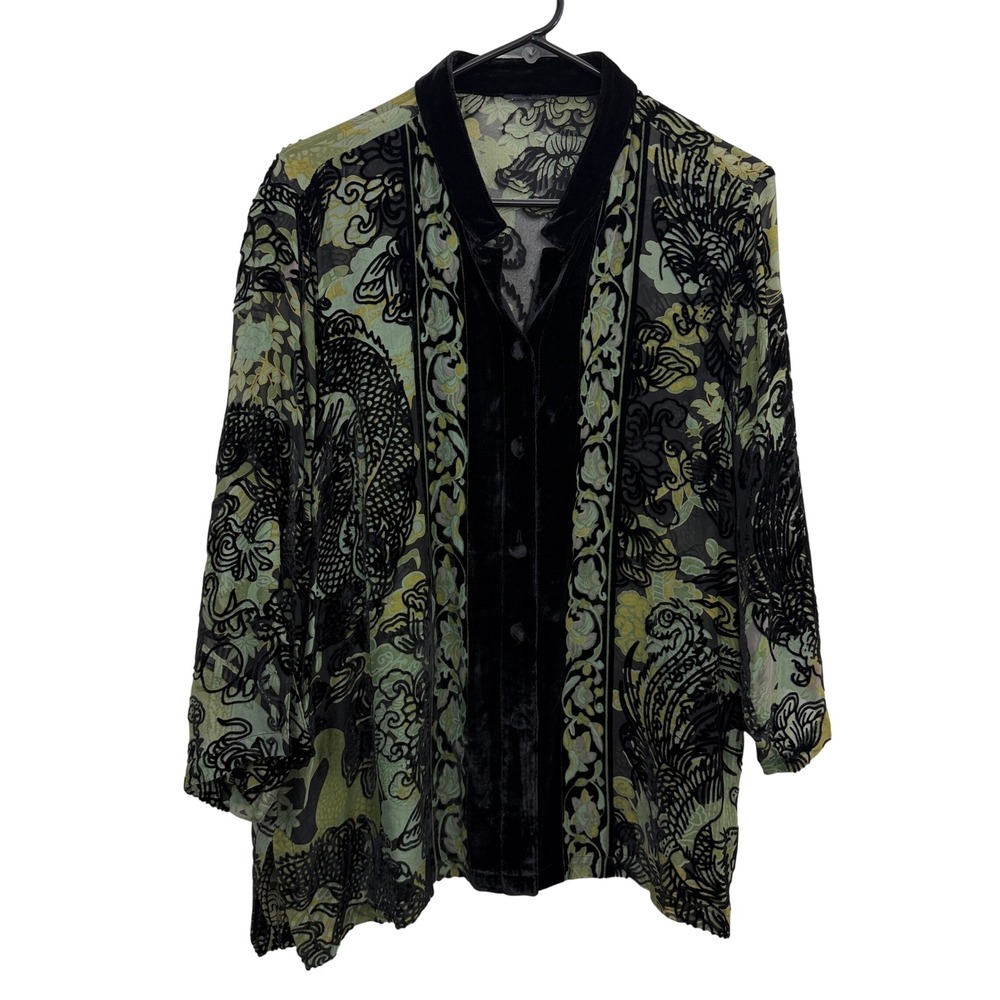 Unbranded Shirt Womens 2X Green Dragon Burnout Velvet Button Up Top Poeme Citron